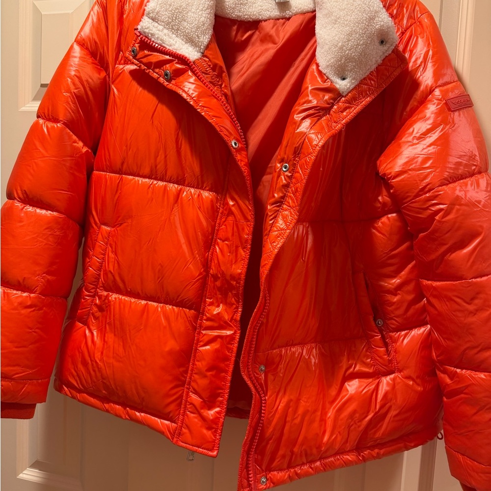 Koolaburra Orange Jacket with Cream collar.  Warm fuzzy orange pockets